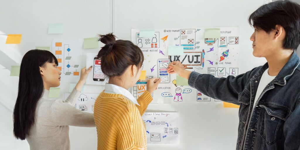 team of UI UX web designer are working together to develop mobile responsive websites with UI UX